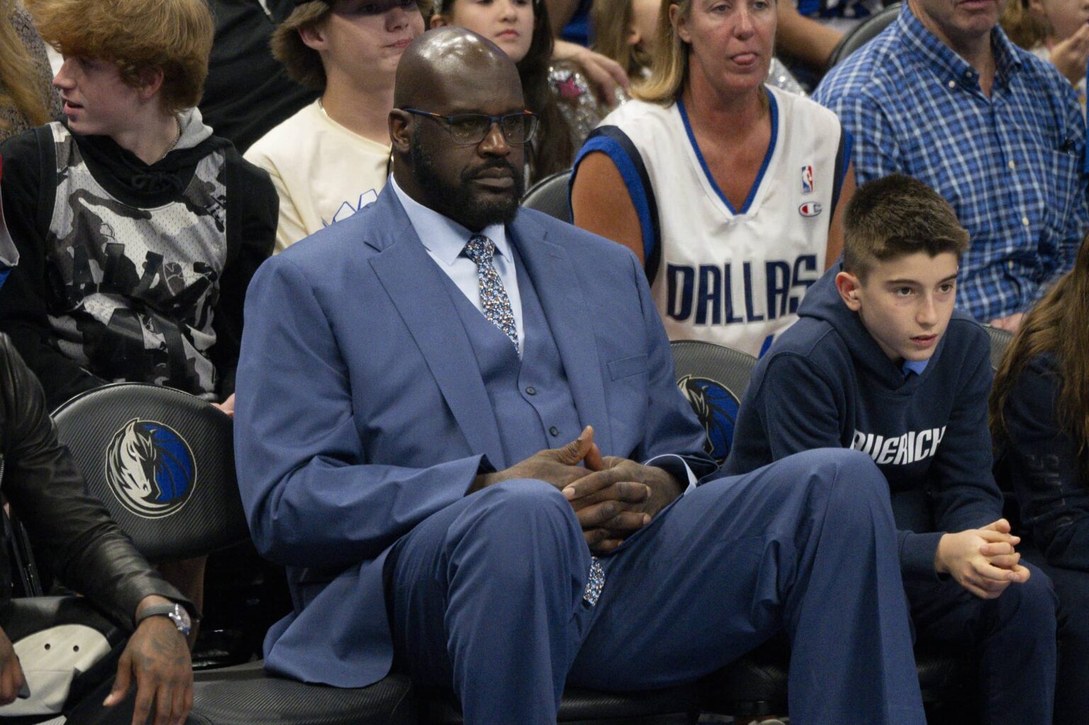 May 28, 2024; Dallas, Texas, USA; Shaquille O'Neal watches the game between the Dallas Mavericks and the Minnesota Timberwolves in game four of the western conference finals for the 2024 NBA playoffs at American Airlines Center. Mandatory Credit: Jerome Miron-Imagn Images