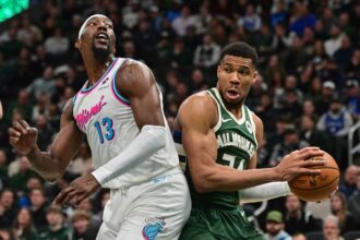 Jan 23, 2025; Milwaukee, Wisconsin, USA; Milwaukee Bucks forward Giannis Antetokounmpo (34) looks for a shot against Miami Heat center Bam Adebayo (13) in the second quarter at Fiserv Forum. Mandatory Credit: Benny Sieu-Imagn Images