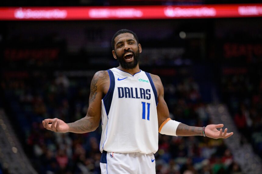 Jan 29, 2025; New Orleans, Louisiana, USA; Dallas Mavericks guard Kyrie Irving (11) reacts to fan during the second half against the New Orleans Pelicans at Smoothie King Center. Mandatory Credit: Matthew Hinton-Imagn Images