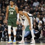 Jan 31, 2025; San Antonio, Texas, USA; Milwaukee Bucks forward Giannis Antetokounmpo (34) and San Antonio Spurs center Victor Wembanyama (1) during the first half at Frost Bank Center. Mandatory Credit: Scott Wachter-Imagn Images