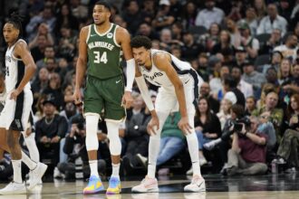 Jan 31, 2025; San Antonio, Texas, USA; Milwaukee Bucks forward Giannis Antetokounmpo (34) and San Antonio Spurs center Victor Wembanyama (1) during the first half at Frost Bank Center. Mandatory Credit: Scott Wachter-Imagn Images