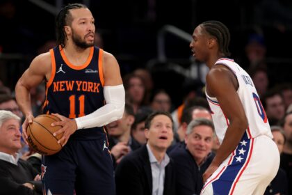 Feb 26, 2025; New York, New York, USA; New York Knicks guard Jalen Brunson (11) looks to in bound the ball against Philadelphia 76ers guard Tyrese Maxey (0) during the fourth quarter at Madison Square Garden. Mandatory Credit: Brad Penner-Imagn Images