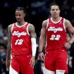 Mar 7, 2025; Dallas, Texas, USA; Memphis Grizzlies guard Ja Morant (12) and Memphis Grizzlies guard Desmond Bane (22) against the Dallas Mavericks during the second half at American Airlines Center. Mandatory Credit: Kevin Jairaj-Imagn Images