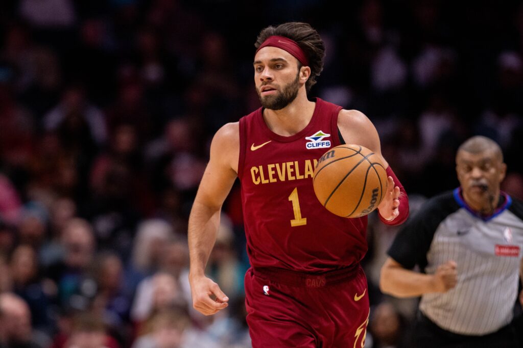 Mar 7, 2025; Charlotte, North Carolina, USA; Cleveland Cavaliers guard Max Strus (1) brings the ball up court against the Charlotte Hornets during the third quarter at Spectrum Center. Mandatory Credit: Scott Kinser-Imagn Images