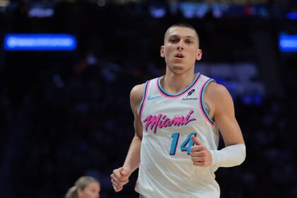 Mar 25, 2025; Miami, Florida, USA; Miami Heat guard Tyler Herro (14) looks on against the Golden State Warriors during the third quarter at Kaseya Center. Mandatory Credit: Sam Navarro-Imagn Images
