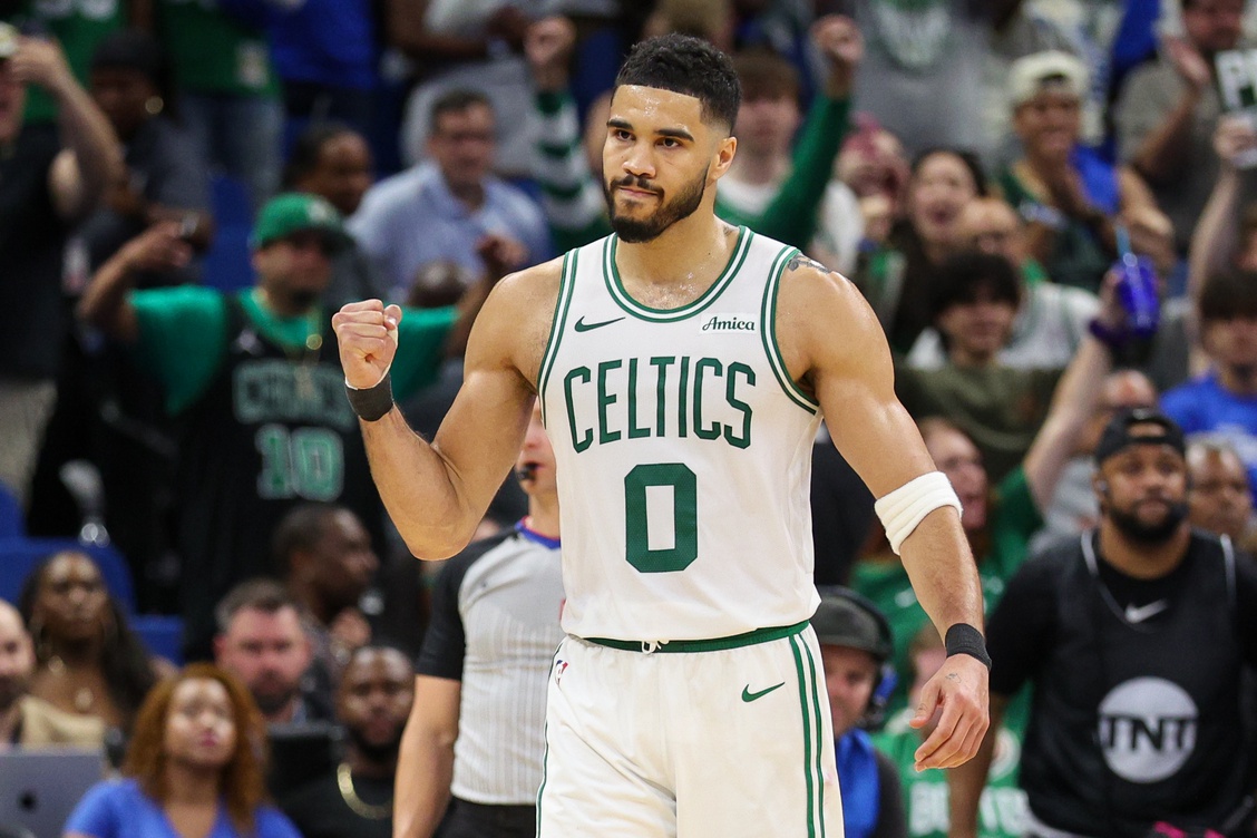 Apr 27, 2025; Orlando, Florida, USA; Boston Celtics forward Jayson Tatum (0) reacts after beating the Orlando Magic in game four of first round for the 2025 NBA Playoffs at Kia Center. Mandatory Credit: Nathan Ray Seebeck-Imagn Images