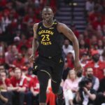 May 4, 2025; Houston, Texas, USA; Golden State Warriors forward Draymond Green (23) reacts after scoring a basket during the third quarter of game seven of the first round for the 2025 NBA Playoffs against the Houston Rockets at Toyota Center. Mandatory Credit: Troy Taormina-Imagn Images