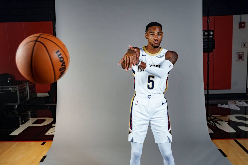 Sep 23, 2025; Metairie, LA, USA; New Orleans Pelicans guard Dejounte Murray (5) takes part in media day at Ochsner Sports Performance Center. Mandatory Credit: Matthew Hinton-Imagn Images