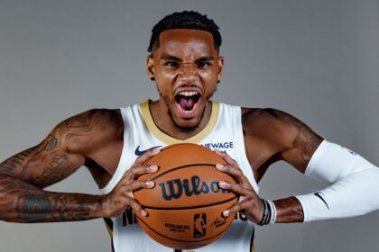 Sep 23, 2025; Metairie, LA, USA; New Orleans Pelicans guard Dejounte Murray (5) takes part in media day at Ochsner Sports Performance Center. Mandatory Credit: Matthew Hinton-Imagn Images