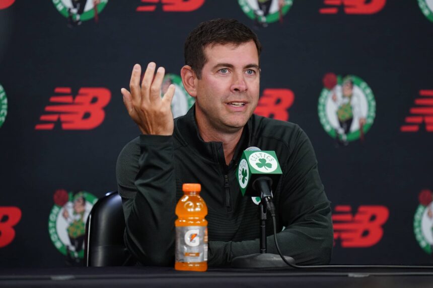 Sep 29, 2025; Boston, MA, USA; Boston Celtics president of basketball operations Brad Stevens talks to reporters during media day at the Auerbach Center. Mandatory Credit: David Butler II-Imagn Images