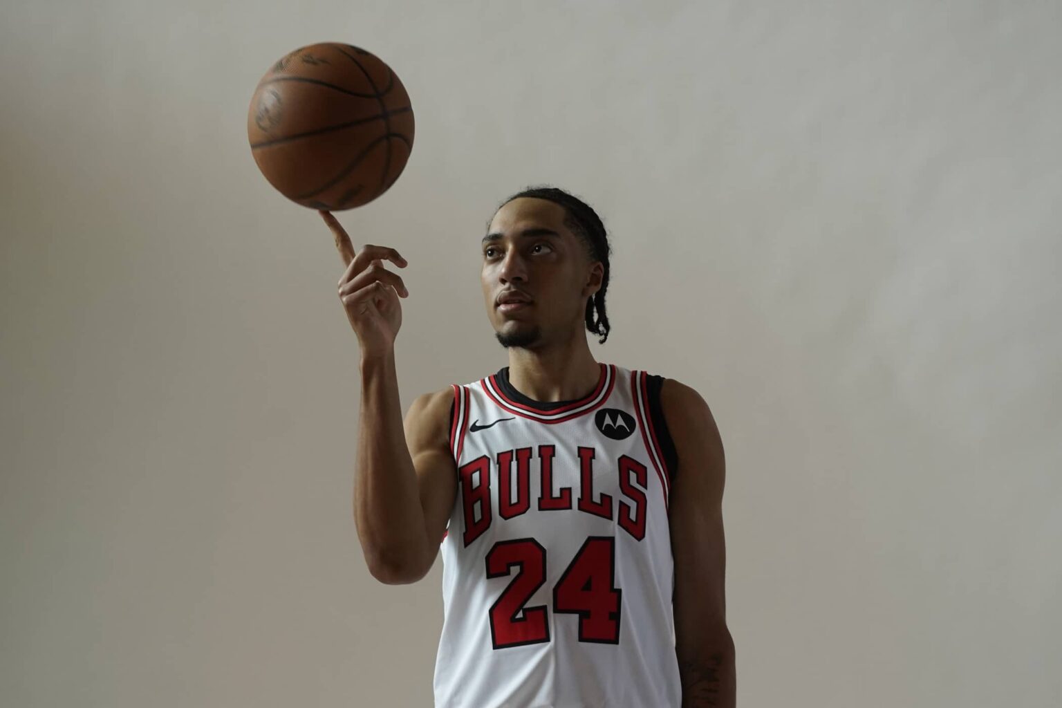 Sep 29, 2025; Chicago, IL, USA; Chicago Bulls forward Noa Essengue (24) poses for photos during Chicago Bulls Media Day. Mandatory Credit: David Banks-Imagn Images