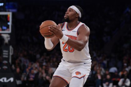 Oct 17, 2025; New York, New York, USA; New York Knicks forward Guerschon Yabusele (28) shoots the ball during the second half against the Charlotte Hornets at Madison Square Garden. Mandatory Credit: Vincent Carchietta-Imagn Images
