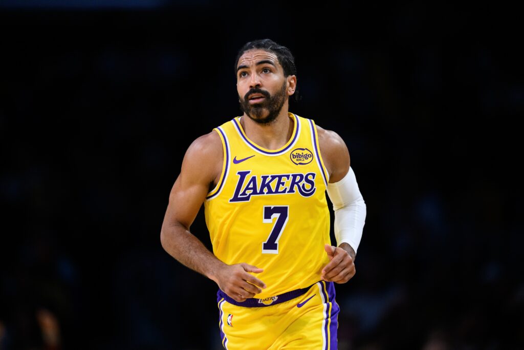 Oct 17, 2025; Los Angeles, California, USA; Los Angeles Lakers guard Gabe Vincent (7) looks on during the first half against the Sacramento Kings at Crypto.com Arena. Mandatory Credit: William Liang-Imagn Images