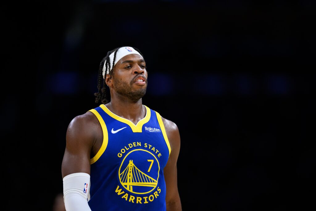 Oct 21, 2025; Los Angeles, California, USA; Golden State Warriors guard Buddy Hield (7) during the first half against the Los Angeles Lakers at Crypto.com Arena. Mandatory Credit: William Liang-Imagn Images
