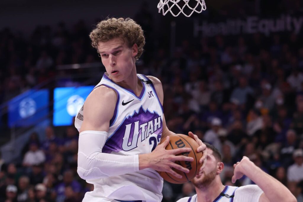Oct 22, 2025; Salt Lake City, Utah, USA; Utah Jazz forward Lauri Markkanen (23) rebounds against the Los Angeles Clippers during the second half at Delta Center. Mandatory Credit: Rob Gray-Imagn Images