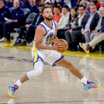 Oct 23, 2025; San Francisco, California, USA; Golden State Warriors guard Stephen Curry (30) steps back for a shot against the Denver Nuggets during the third quarter at Chase Center. Mandatory Credit: Bob Kupbens-Imagn Images