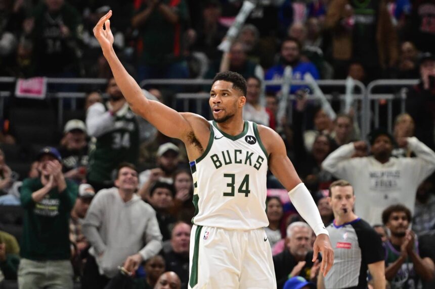 Oct 28, 2025; Milwaukee, Wisconsin, USA; Milwaukee Bucks forward Giannis Antetokounmpo (34) reacts after scoring a basket in the 3rd quarter against the New York Knicks at Fiserv Forum. Mandatory Credit: Benny Sieu-Imagn Image