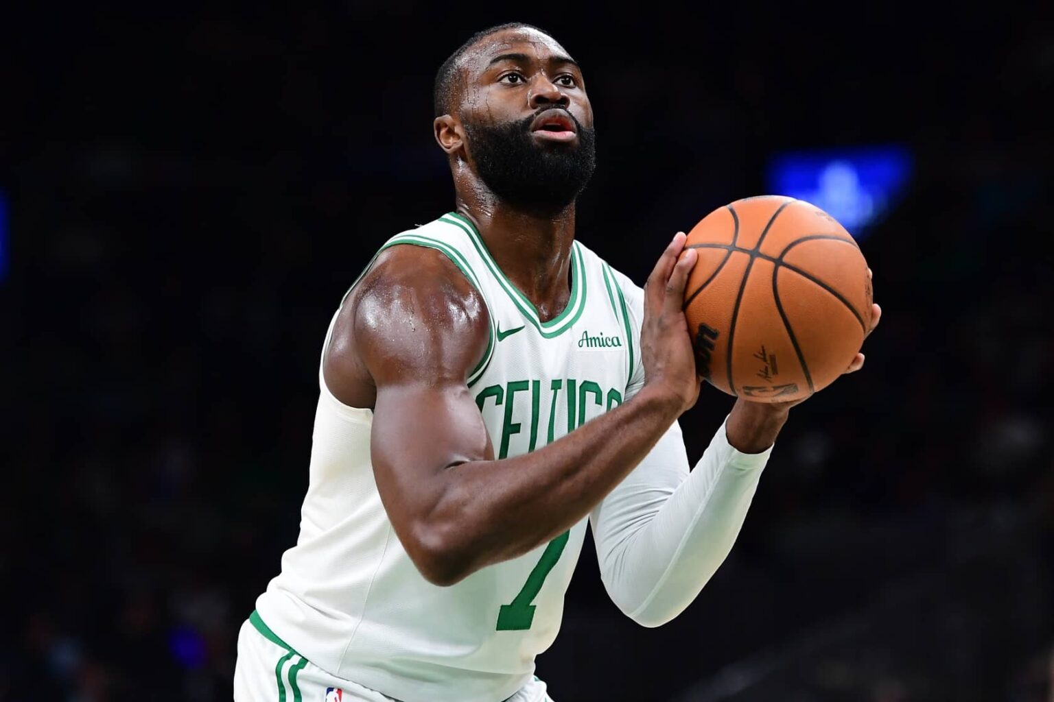 Nov 3, 2025; Boston, Massachusetts, USA; Boston Celtics guard Jaylen Brown (7) shoots a free throw during the first half against the Utah Jazz at TD Garden. Mandatory Credit: Bob DeChiara-Imagn Images