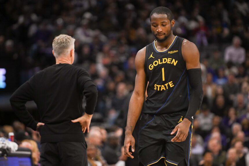 Nov 5, 2025; Sacramento, California, USA; Golden State Warriors forward Jonathan Kuminga (1) walks off the court after being removed from the game during the fourth quarter of the game against the Sacramento Kings at Golden 1 Center. Mandatory Credit: Ed Szczepanski-Imagn Images