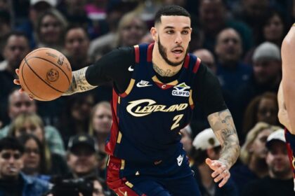 Nov 8, 2025; Cleveland, Ohio, USA; Cleveland Cavaliers guard Lonzo Ball (2) brings the ball up court against the Chicago Bulls during the first half at Rocket Arena. Mandatory Credit: Ken Blaze-Imagn Images