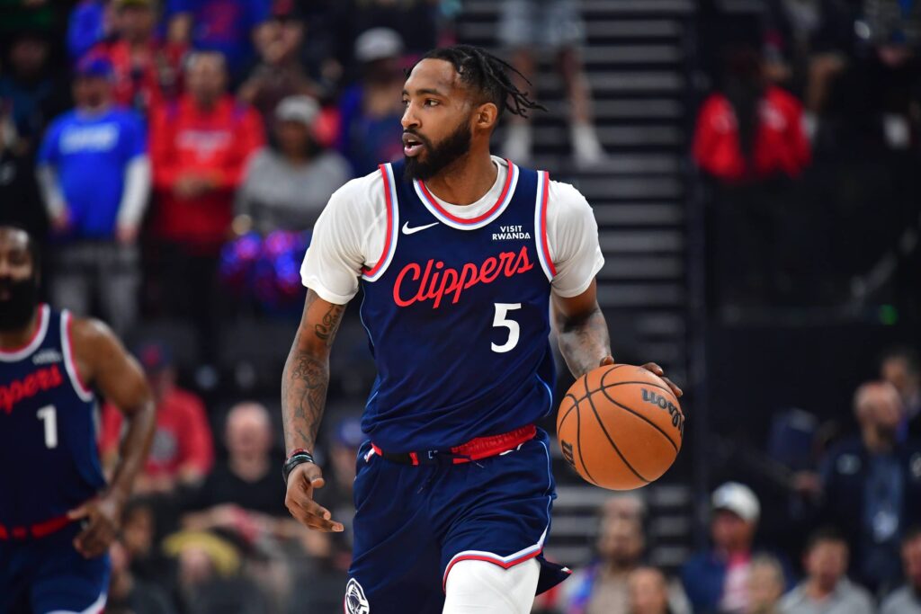 Nov 10, 2025; Inglewood, California, USA; Los Angeles Clippers forward Derrick Jones Jr. (5) moves the ball up court against the against the Atlanta Hawks during the first half at Intuit Dome. Mandatory Credit: Gary A. Vasquez-Imagn Images
