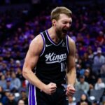 Nov 11, 2025; Sacramento, California, USA; Sacramento Kings center Domantas Sabonis (11) reacts after a play during the fourth quarter against the Denver Nuggets at Golden 1 Center. Mandatory Credit: Sergio Estrada-Imagn Images
