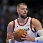 LA Clippers center Ivica Zubac (40) looks to pass the ball during the second quarter against the Dallas Mavericks in an NBA Cup game at the American Airlines Center. Mandatory Credit: Jerome Miron-Imagn Images