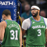 Oct 26, 2025; Dallas, Texas, USA; Dallas Mavericks guard Klay Thompson (31) and forward Anthony Davis (3) look on during the game between the Mavericks and the Raptors at the American Airlines Center. Mandatory Credit: Jerome Miron-Imagn Images