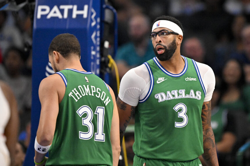 Oct 26, 2025; Dallas, Texas, USA; Dallas Mavericks guard Klay Thompson (31) and forward Anthony Davis (3) look on during the game between the Mavericks and the Raptors at the American Airlines Center. Mandatory Credit: Jerome Miron-Imagn Images