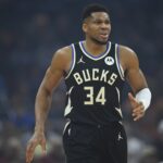 Nov 17, 2025; Cleveland, Ohio, USA; Milwaukee Bucks forward Giannis Antetokounmpo (34) reacts in the first quarter against the Cleveland Cavaliers at Rocket Arena. Mandatory Credit: David Richard-Imagn Images