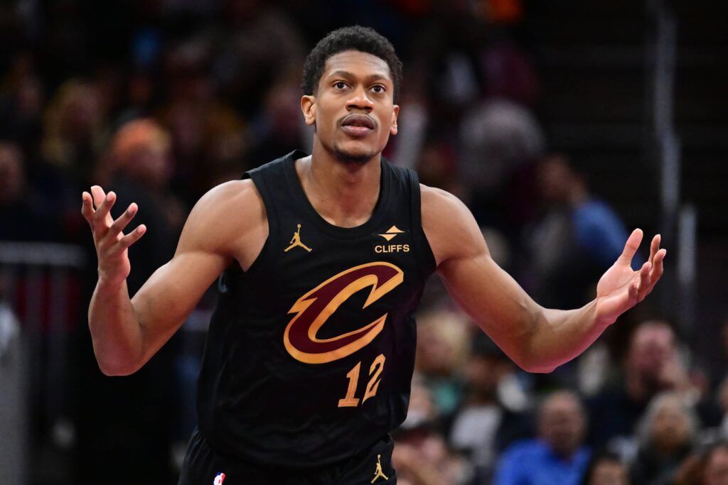 Nov 21, 2025; Cleveland, Ohio, USA; Cleveland Cavaliers forward De'Andre Hunter (12) celebrates after hitting a three point basket against the Indiana Pacers during the second half at Rocket Arena. Mandatory Credit: Ken Blaze-Imagn Images