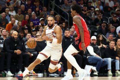 Nov 24, 2025; Phoenix, Arizona, USA; Phoenix Suns forward Dillon Brooks (3) against the Houston Rockets in the second half at Mortgage Matchup Center. Mandatory Credit: Mark J. Rebilas-Imagn Images