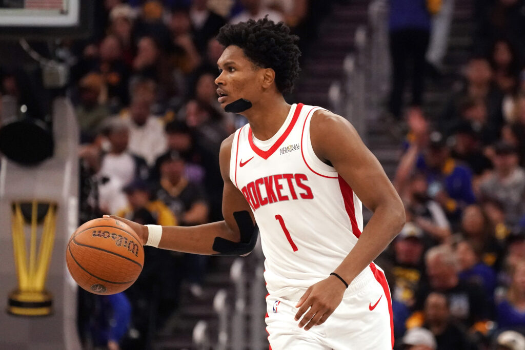 Nov 26, 2025; San Francisco, California, USA; Houston Rockets guard-forward Amen Thompson (1) dribbles upcourt against the Golden State Warriors in the third quarter at Chase Center. Mandatory Credit: David Gonzales-Imagn Images