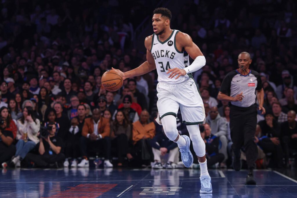 Nov 28, 2025; New York, New York, USA; Milwaukee Bucks forward Giannis Antetokounmpo (34) dribbles up court during the first half against the New York Knicks at Madison Square Garden. Mandatory Credit: Vincent Carchietta-Imagn Images