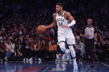 Nov 28, 2025; New York, New York, USA; Milwaukee Bucks forward Giannis Antetokounmpo (34) dribbles up court during the first half against the New York Knicks at Madison Square Garden. Mandatory Credit: Vincent Carchietta-Imagn Images