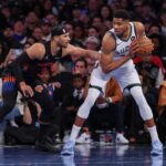 Nov 28, 2025; New York, New York, USA; Milwaukee Bucks forward Giannis Antetokounmpo (34) is guarded by New York Knicks guard Josh Hart (3) during the second half at Madison Square Garden. Mandatory Credit: Vincent Carchietta-Imagn Images