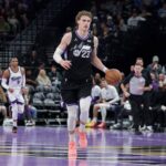 Nov 28, 2025; Salt Lake City, Utah, USA; Utah Jazz forward Lauri Markkanen (23) brings the ball up the court against the Sacramento Kings during the second half at Delta Center. Mandatory Credit: Chris Nicoll-Imagn Images