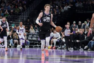 Nov 28, 2025; Salt Lake City, Utah, USA; Utah Jazz forward Lauri Markkanen (23) brings the ball up the court against the Sacramento Kings during the second half at Delta Center. Mandatory Credit: Chris Nicoll-Imagn Images
