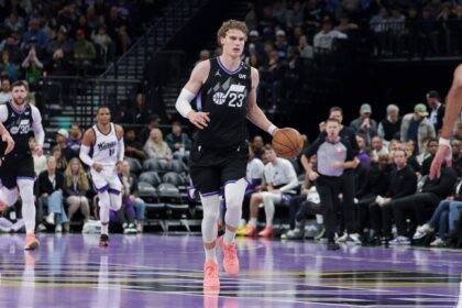 Nov 28, 2025; Salt Lake City, Utah, USA; Utah Jazz forward Lauri Markkanen (23) brings the ball up the court against the Sacramento Kings during the second half at Delta Center. Mandatory Credit: Chris Nicoll-Imagn Images