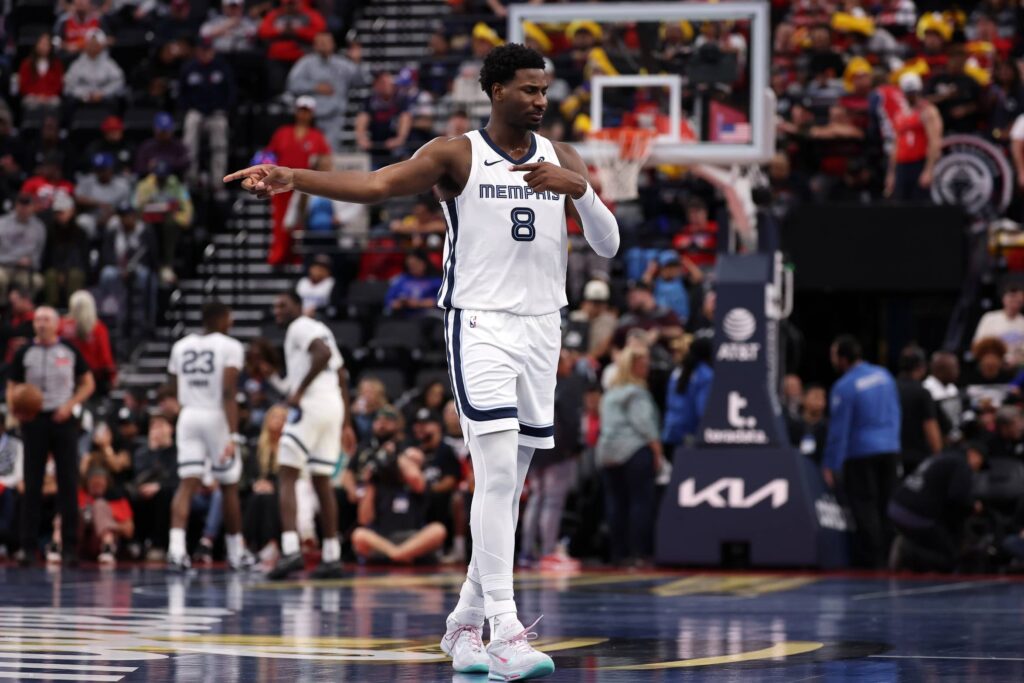 Nov 28, 2025; Inglewood, California, USA; Memphis Grizzlies forward Jaren Jackson Jr. (8) reacts during the fourth quarter against the Los Angeles Clippers at Intuit Dome. Mandatory Credit: Kiyoshi Mio-Imagn Images