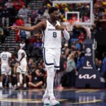 Nov 28, 2025; Inglewood, California, USA; Memphis Grizzlies forward Jaren Jackson Jr. (8) reacts during the fourth quarter against the Los Angeles Clippers at Intuit Dome. Mandatory Credit: Kiyoshi Mio-Imagn Images