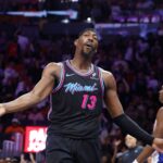 Nov 29, 2025; Miami, Florida, USA; Miami Heat center Bam Adebayo (13) reacts against the Detroit Pistons during the second half at Kaseya Center. Mandatory Credit: Rhona Wise-Imagn Images