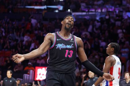 Nov 29, 2025; Miami, Florida, USA; Miami Heat center Bam Adebayo (13) reacts against the Detroit Pistons during the second half at Kaseya Center. Mandatory Credit: Rhona Wise-Imagn Images