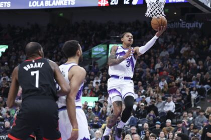 Nov 30, 2025; Salt Lake City, Utah, USA; Utah Jazz guard Keyonte George (3) lays the ball up against the Houston Rockets during the first quarter at Delta Center. Mandatory Credit: Rob Gray-Imagn Images