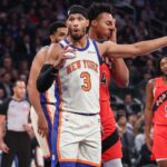 Nov 30, 2025; New York, New York, USA; New York Knicks guard Josh Hart (3) reacts to a call in the first quarter against the Toronto Raptors at Madison Square Garden. Mandatory Credit: Wendell Cruz-Imagn Images