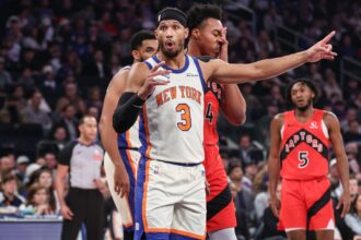 Nov 30, 2025; New York, New York, USA; New York Knicks guard Josh Hart (3) reacts to a call in the first quarter against the Toronto Raptors at Madison Square Garden. Mandatory Credit: Wendell Cruz-Imagn Images