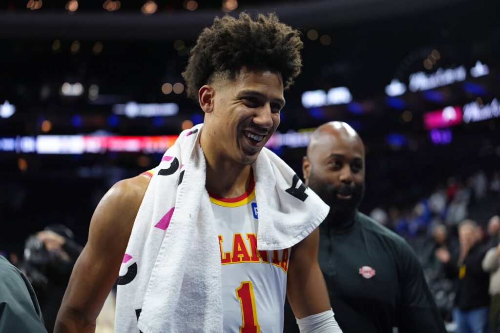 Nov 30, 2025; Philadelphia, Pennsylvania, USA; Atlanta Hawks forward Jalen Johnson (1) reacts after the game against the Philadelphia 76ers at Xfinity Mobile Arena. Mandatory Credit: Kyle Ross-Imagn Images