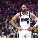 Nov 30, 2025; Sacramento, California, USA; Sacramento Kings guard Zach LaVine (8) reacts after a play against the Memphis Grizzlies during the second quarter at Golden 1 Center. Mandatory Credit: Kelley L Cox-Imagn Images