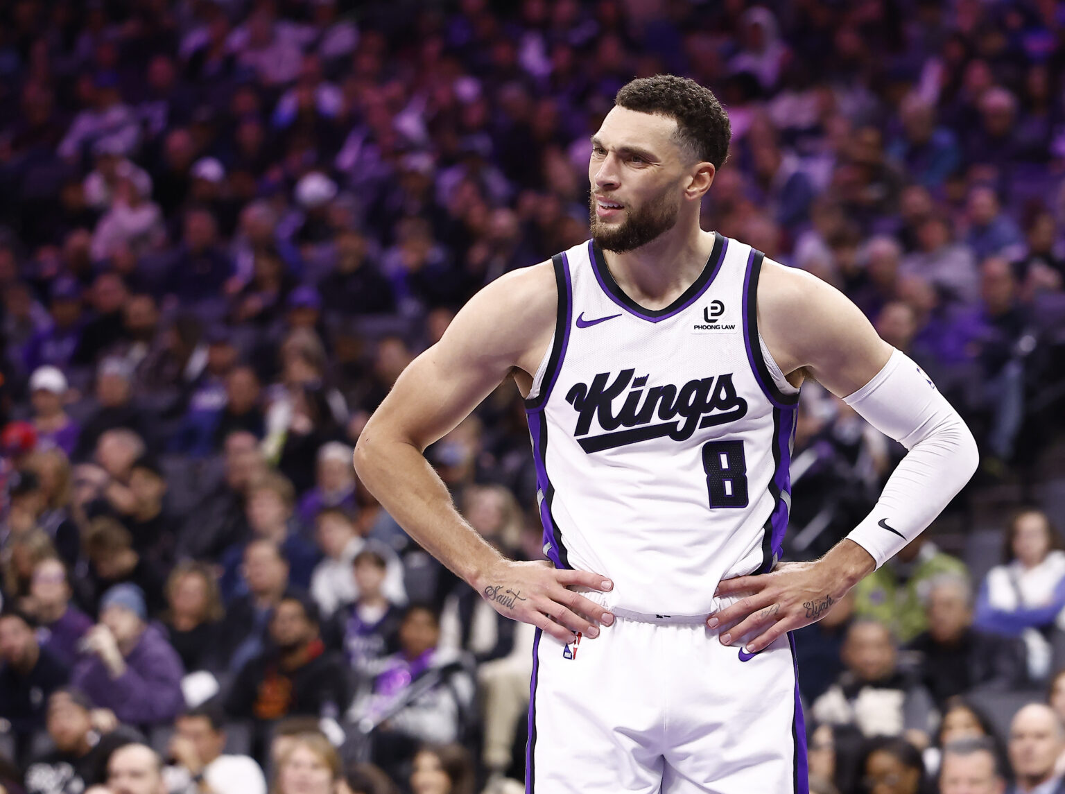 Nov 30, 2025; Sacramento, California, USA; Sacramento Kings guard Zach LaVine (8) reacts after a play against the Memphis Grizzlies during the second quarter at Golden 1 Center. Mandatory Credit: Kelley L Cox-Imagn Images