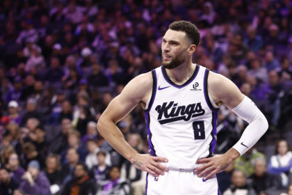 Nov 30, 2025; Sacramento, California, USA; Sacramento Kings guard Zach LaVine (8) reacts after a play against the Memphis Grizzlies during the second quarter at Golden 1 Center. Mandatory Credit: Kelley L Cox-Imagn Images